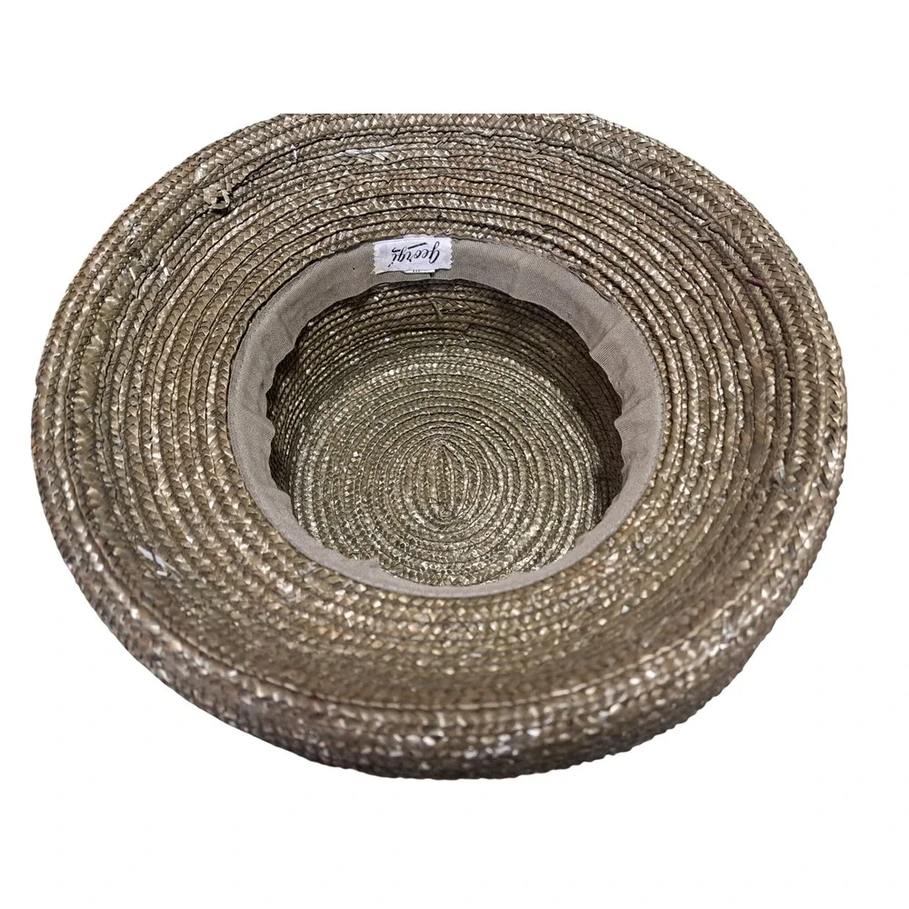 Georgi Vintage Straw Boater Hat Metallic Bronze Pewter Mesh Flower Rosette
